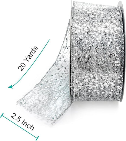 CT CRAFT LLC Sparkling Glitter Mesh Wired Ribbon 2.5" x 20 Yards Silver - Image 2