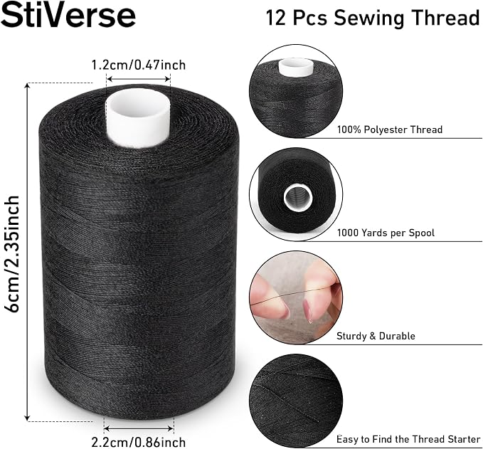 ilauke Sewing Thread, 12 Spools 1000 Yards Each Black Polyester All Purpose - Image 3