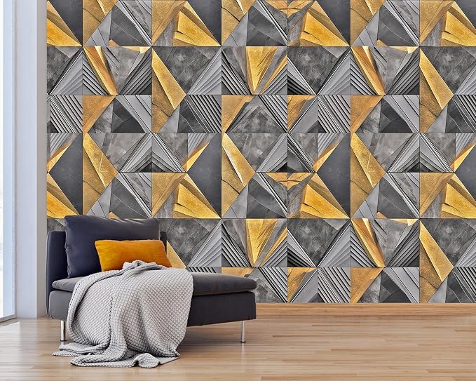 AFZEVEB-3D Geometric Wall Mural Gray and Gold Wallpaper - Image 2