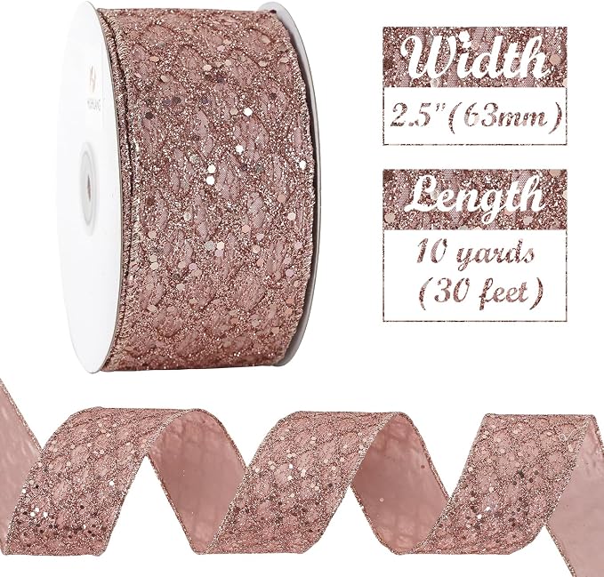 HUIHUANG Rose Gold Glitter Wired Ribbon - Image 3