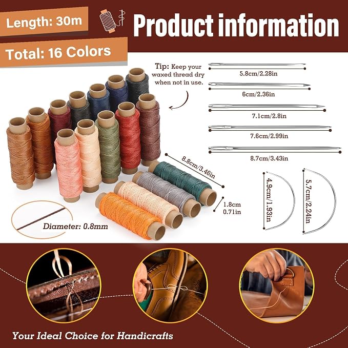 0.8 mm Leather Sewing Thread, 16 Colors 32 Yards Waxed Thread, Round Waxed - Image 2