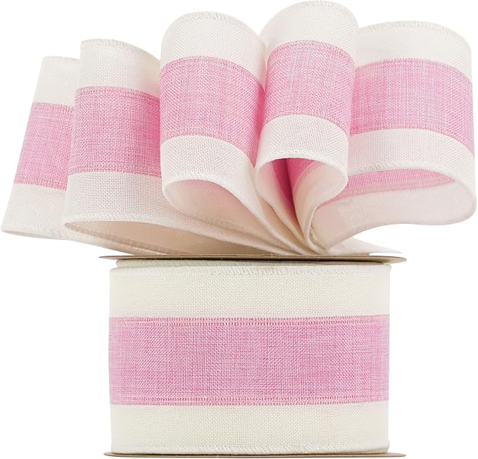MEEDEE Pink White Stripe Wired Burlap Ribbon - Image 6
