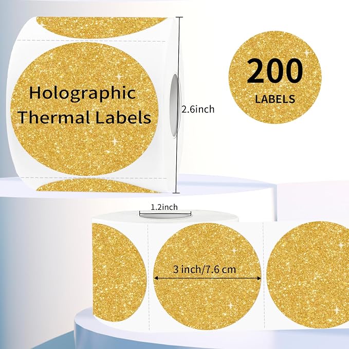 3" Holographic Direct Thermal Label Stickers, Round Printable Rainbow Glitter - Image 2