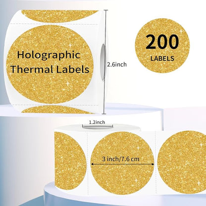 3" Holographic Direct Thermal Label Stickers, Round Printable Rainbow Glitter - Image 2