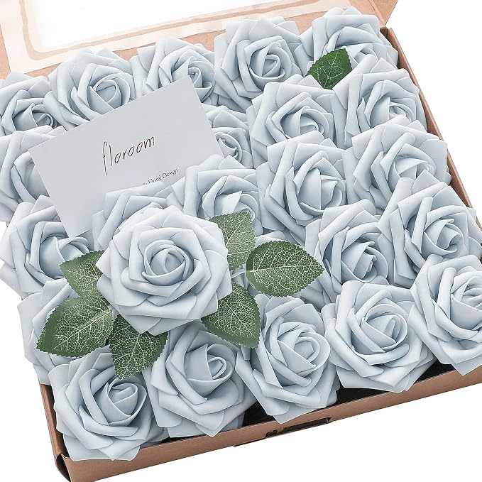 Floroom Artificial Flowers 50pcs Real Looking Powder Blue Foam Fake Roses by Floroom