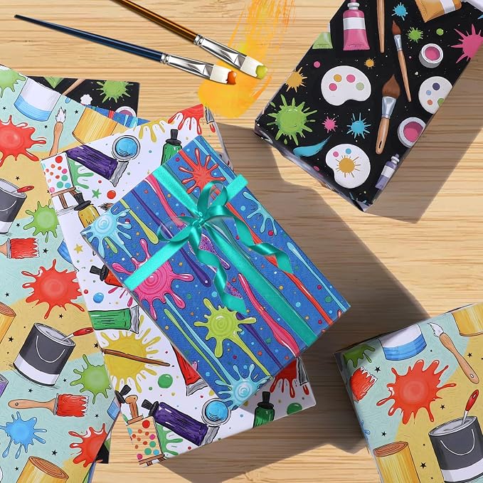 Pineraap 12 Sheets Art Wrapping Paper, Painting Palette Brushes Paint Design - Image 5