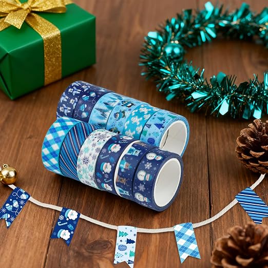 12 Rolls Winter Washi Tape Set Blue White Snowflake Snowman Holiday Masking - Image 5