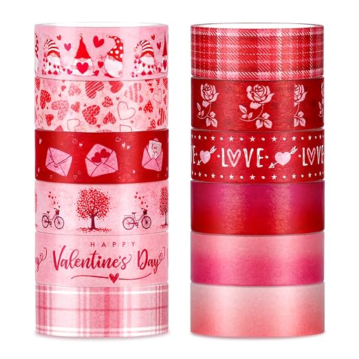 Whaline 12 Rolls Valentine Washi Tape Red Pink Heart Gnome Love Masking Tape by Whaline