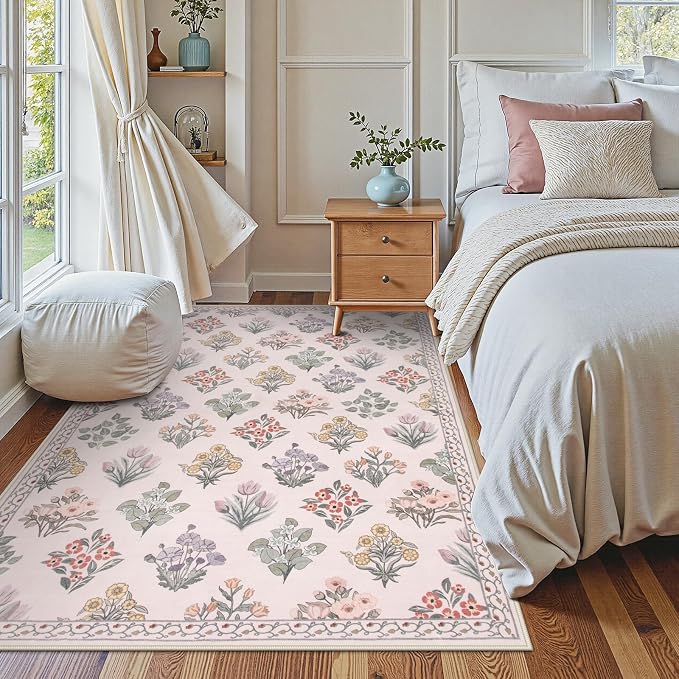 Wonnitar Pink Rugs for Bedroom Girls Nursery, Washable 5x7 Floral Rug, Boho - Image 7