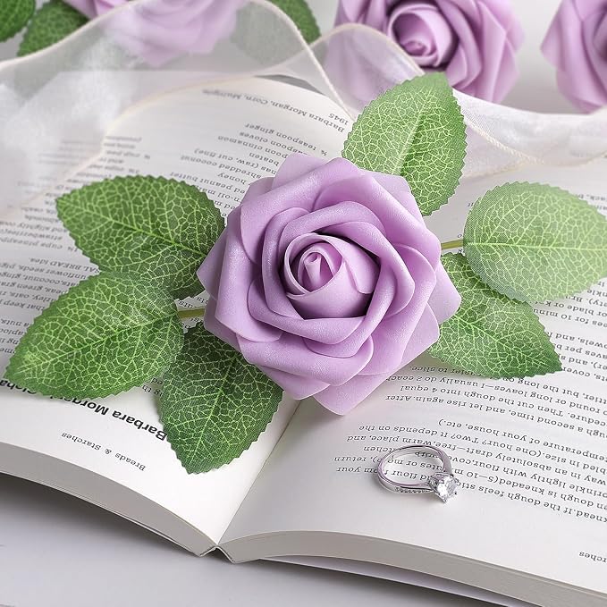 AmyHomie 25pcs Real Looking Artificial Lavender Roses w/Stem - Image 7
