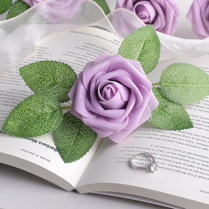 AmyHomie 25pcs Real Looking Artificial Lavender Roses w/Stem - Image 7