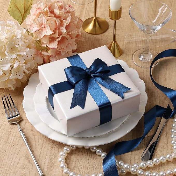 LaRibbons Navy Satin Ribbon 1 Inch 50 Yards Luxury Double Faced Blue Silk Ribbon - Image 2