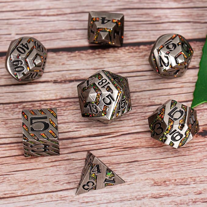 Anitque Metal Dice D&D, Metal Glitter Stripe Dice 7pcs Set - Image 5