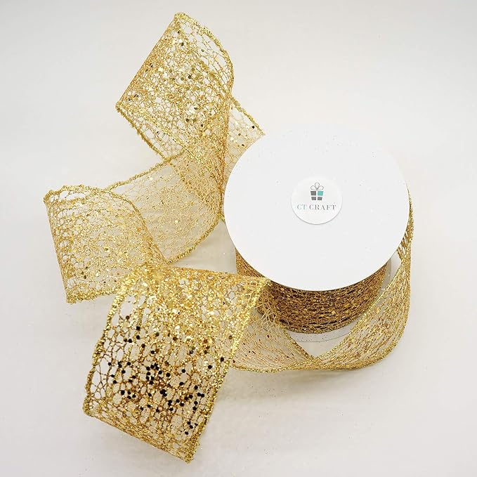 CT CRAFT LLC Sparkling Glitter Mesh Wired Ribbon 2.5" x 10 Yards Gold - Image 3