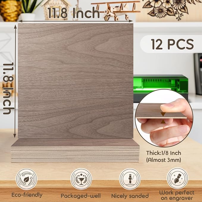 12 Pack 12x12x1/8 Inch Walnut Basswood Sheets, MAPRIAL Smooth 3mm Plywood - Image 2