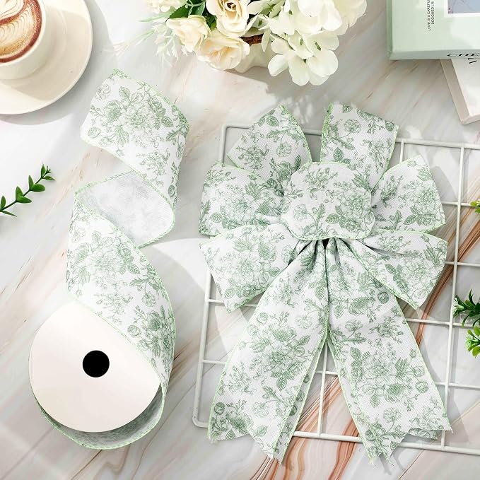 AnyDesign Floral Wired Edge Ribbon Roll Green Flower Ribbon Chinoiserie Fabric - Image 4