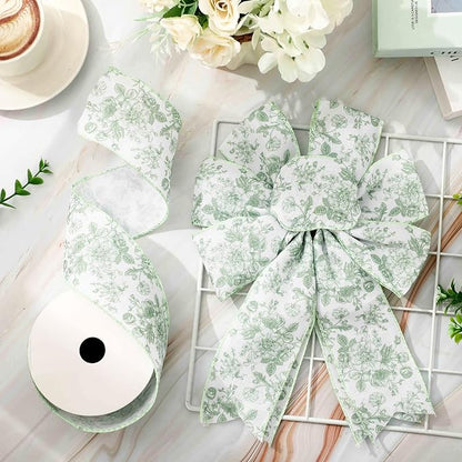 AnyDesign Floral Wired Edge Ribbon Roll Green Flower Ribbon Chinoiserie Fabric - Image 4