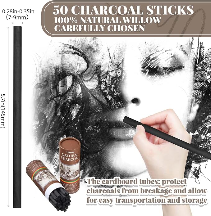 Gueevin 50 Pcs Willow Charcoal Sticks, Willow Charcoal, and Fine Art Christmas - Image 2