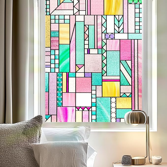 3D Stained Glass Window Privacy Film, Heat Control UV Blocking Static Cling by OHTMERU