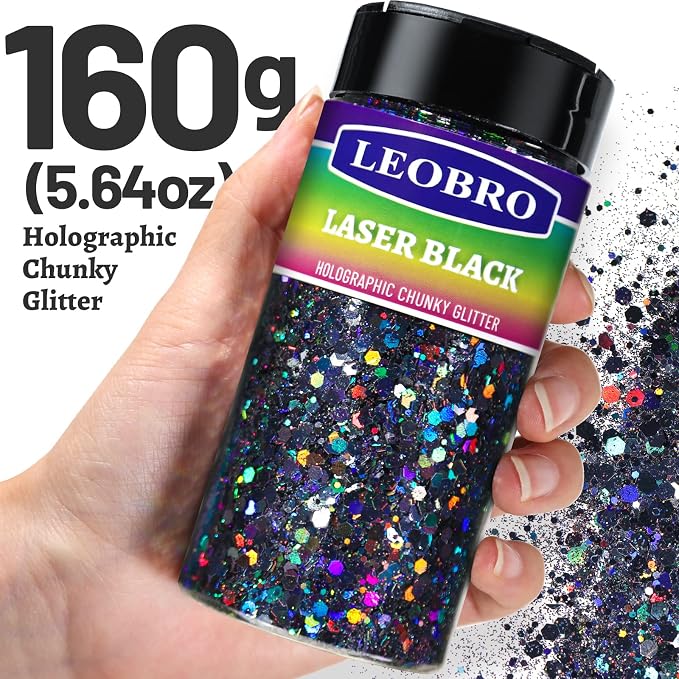LEOBRO Black Glitter, 160g/5.64oz Holographic Chunky Glitter - Image 2