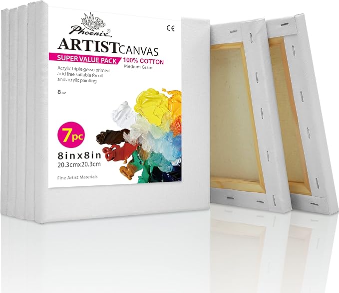 PHOENIX Stretched Canvas for Painting 8x8 Inch/7 Value Pack, 8 Oz Triple Primed by PHOENIX