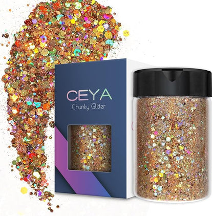 Ceya Holographic Chunky Glitter, 4.9oz/ 140g Diamond Gold Craft Glitter Powder by CEYA
