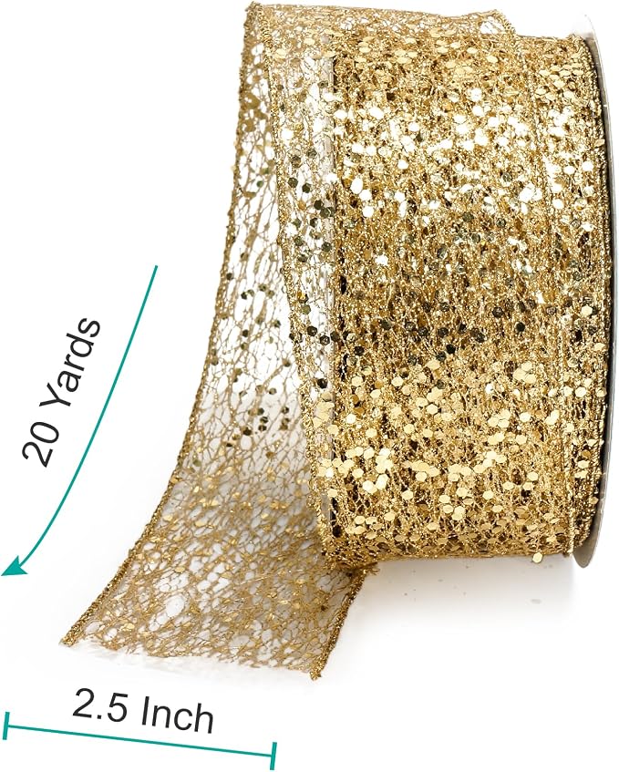 CT CRAFT LLC Sparkling Glitter Mesh Wired Ribbon 2.5" x 20 Yards Gold - Image 2