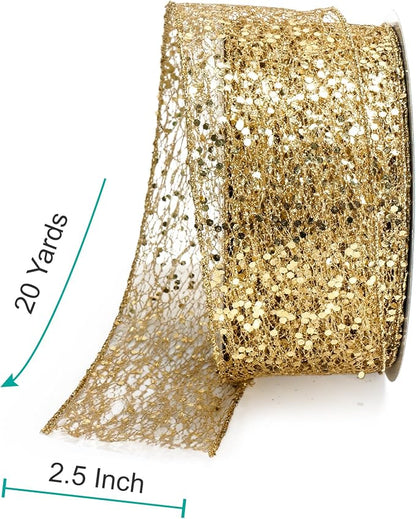 CT CRAFT LLC Sparkling Glitter Mesh Wired Ribbon 2.5" x 20 Yards Gold - Image 2
