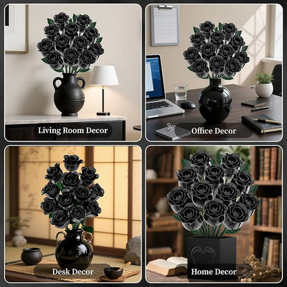 Black Rose Bouquet Building Blocks, Artificial Roses Flowers Botanical - Image 5