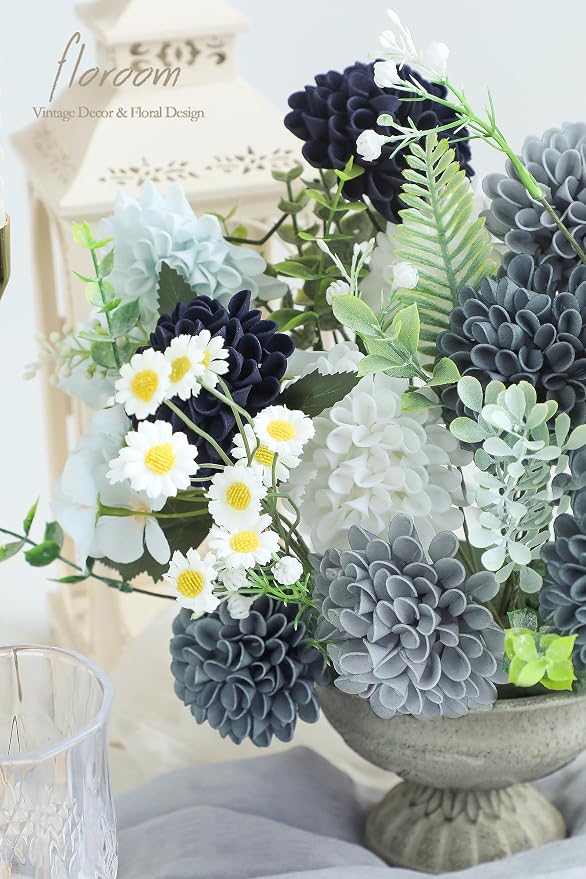 Floroom Artificial Dahlia Flowers 25pcs Real Looking Blue Shades Foam Fake Roses - Image 4