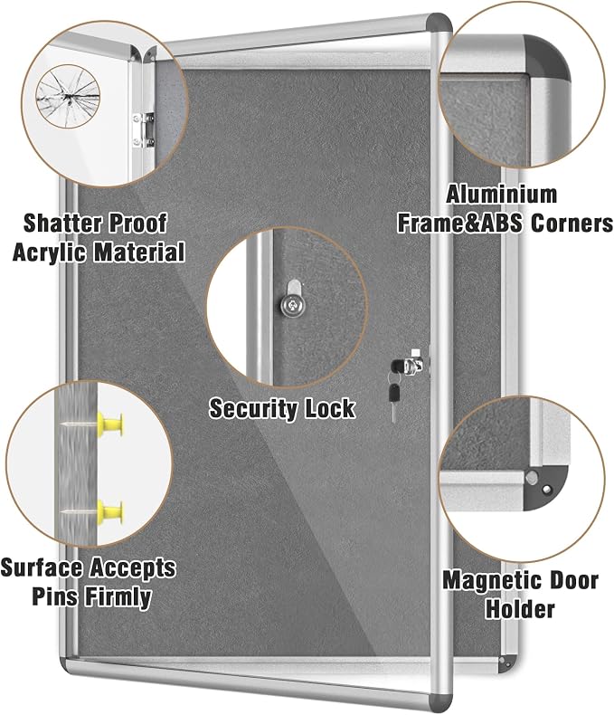 38"x28" Enclosed Bulletin Board, Lockable Weather-Resistant Aluminum Cork - Image 3