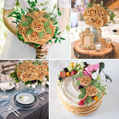 AmyHomie Artificial Flower Gold Rose 25pcs Real Looking Fake Roses w/Stem - Image 5