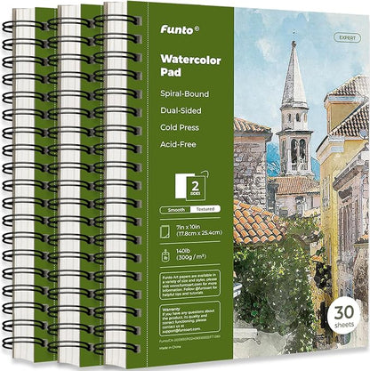 Funto Watercolor Pad 10x7, 90 Sheets, 140 lb/300 GSM, Double-Sided, Cold Press by FUNTO