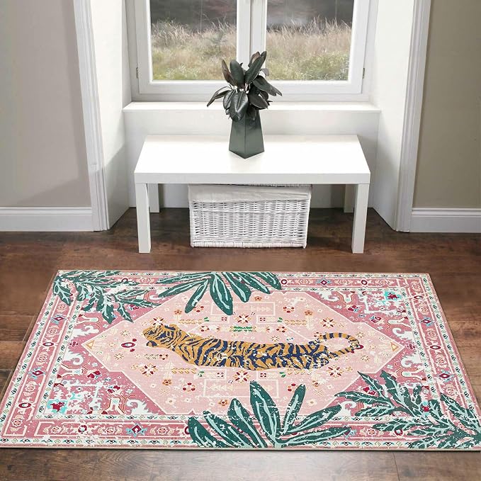 Hippie Rugs, 2x3 Faux Wool Tropical Pink Boho Throw Rugs - Image 3