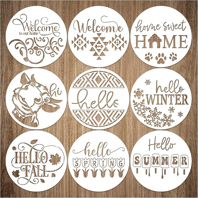 9 Pcs Welcome Stencils for Painting on Wood Reusable Round Home Sweet Home - Image 8