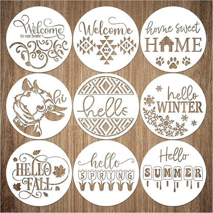 9 Pcs Welcome Stencils for Painting on Wood Reusable Round Home Sweet Home - Image 8
