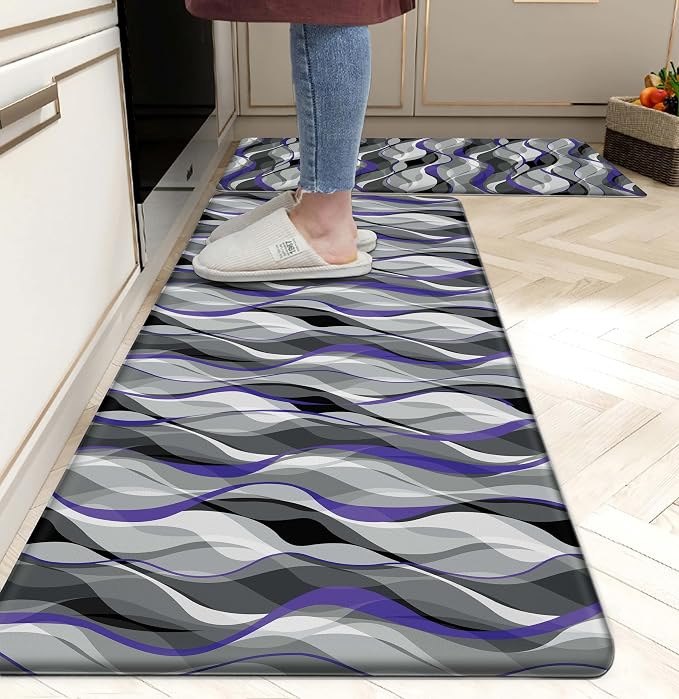 Kitchen Mats for Floor Modern Abstract kitchen rugs Grey and Purple Stripe Anti by weesire