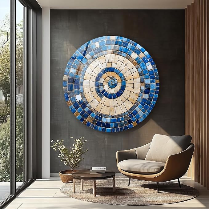 My Photostation.com 31.5'' Diameter Coastal Sunburst Beige & Blue Round Glass - Image 4
