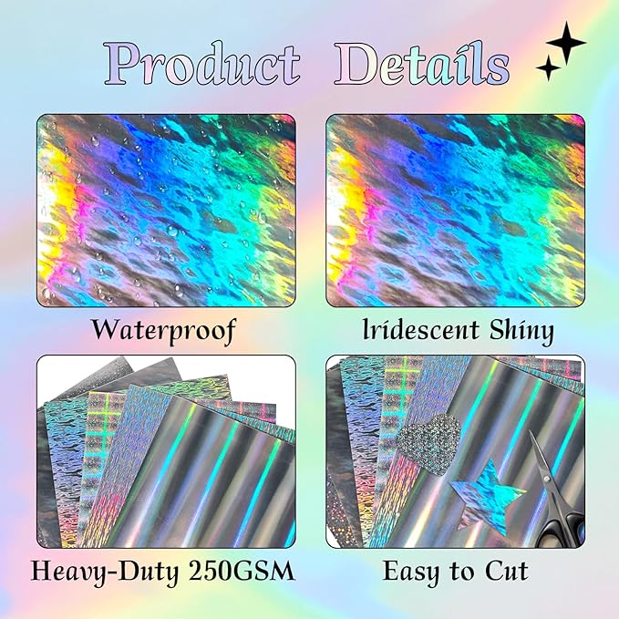 24 Sheets Holographic Cardstock 8.5 x 11in, 250gsm/92lb 6 Mixed Styles Metallic - Image 3