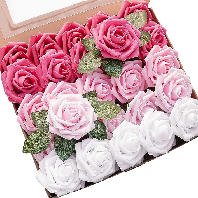 Floroom Artificial Flowers 25pcs Real Looking Blush Pink Ombre Colors Foam Fake by Floroom