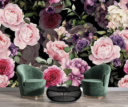 AFZEVEB-Black Watercolor Purple Peony Flower Wallpaper Wall murals by all
