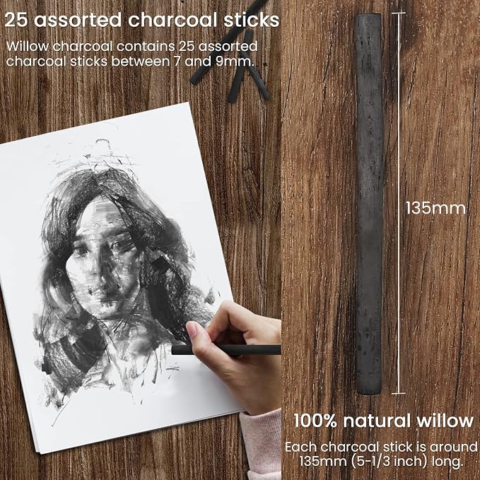 LOONENG Willow Charcoal Sticks, Natural Willow Charcoal - Image 2