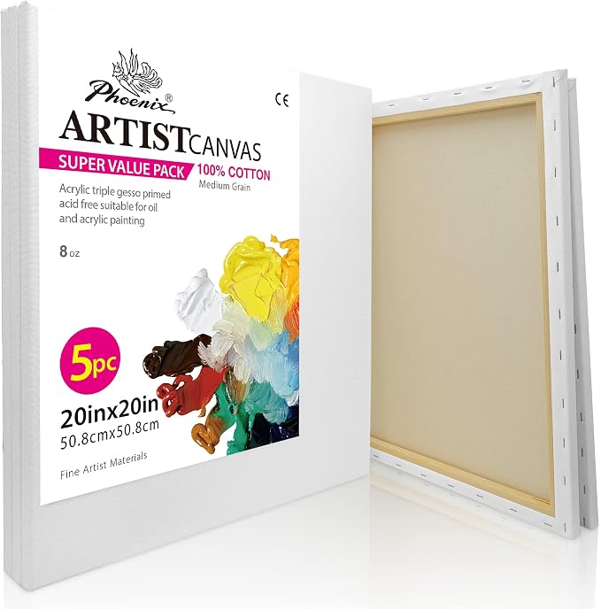 PHOENIX Large Stretched Canvas for Painting 20x20 Inch/5 Value Pack, 8 Oz by PHOENIX