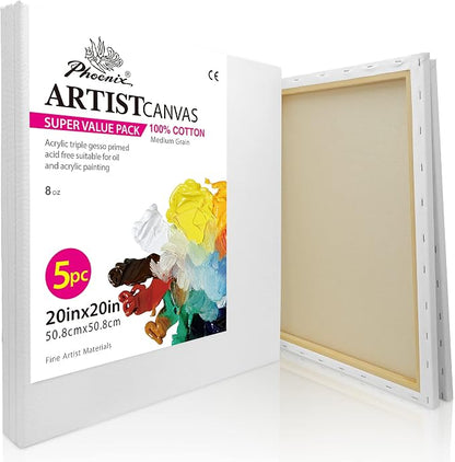 PHOENIX Large Stretched Canvas for Painting 20x20 Inch/5 Value Pack, 8 Oz by PHOENIX
