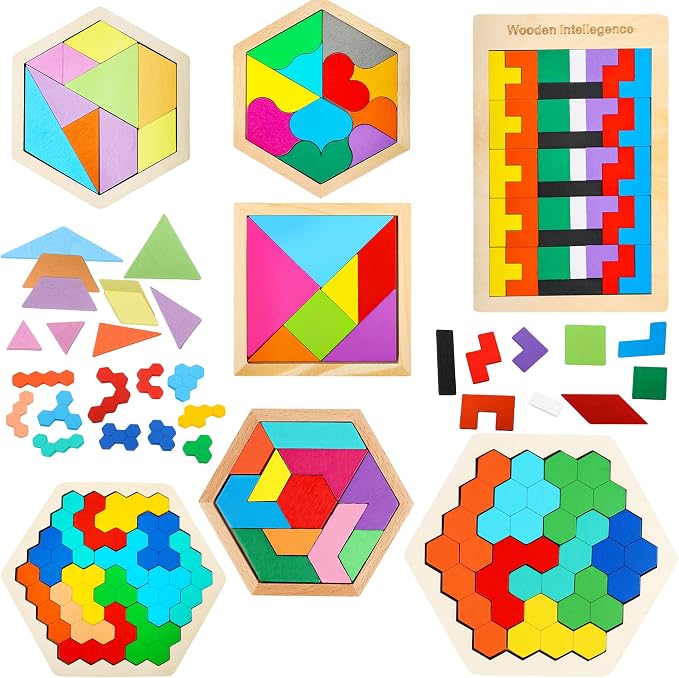 7 Pack Wooden Tangrams Puzzle Set Wooden Hexagon Puzzles Wood Russian Blocks by Swakuta
