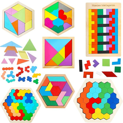 7 Pack Wooden Tangrams Puzzle Set Wooden Hexagon Puzzles Wood Russian Blocks by Swakuta