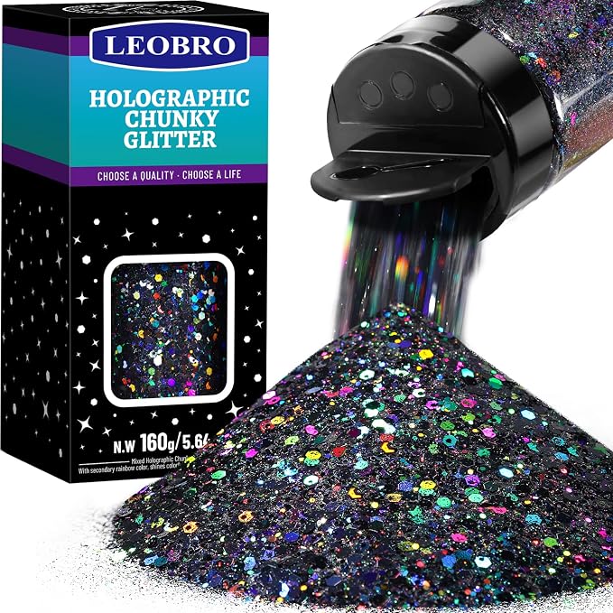 LEOBRO Black Glitter, 160g/5.64oz Holographic Chunky Glitter by LEOBRO