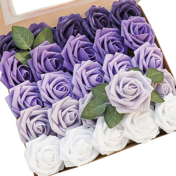 Floroom Artificial Flowers 25pcs Real Looking Violet Purple Ombre Colors Foam by Floroom