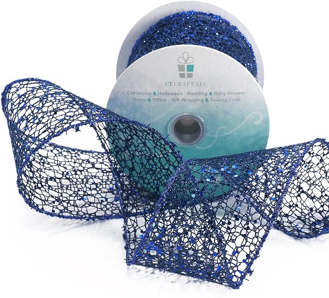 CT CRAFT LLC Sparkling Glitter Mesh Wired Ribbon 2.5" x 10 Yards Blue Navy - Image 8