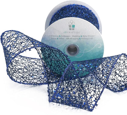 CT CRAFT LLC Sparkling Glitter Mesh Wired Ribbon 2.5" x 10 Yards Blue Navy - Image 8